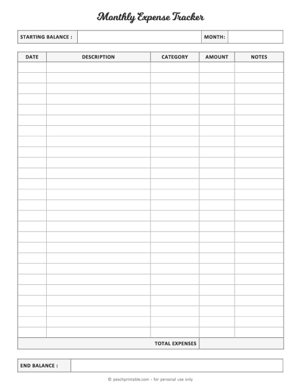 Printable Monthly Expense Tracker