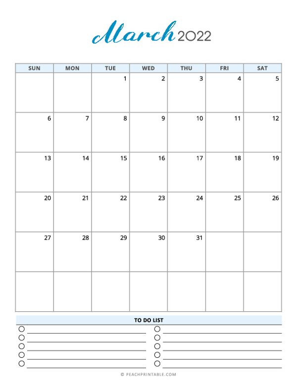 Printable March 2022 Calendar (with To Do List)