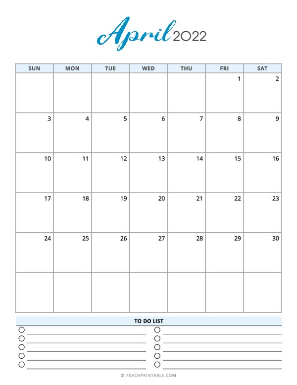 April 2022 Calendar (with To Do List)