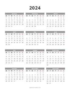 2024 Calendar - Year at a Glance - Monday Start