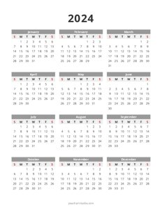 2024 Calendar - Year at a Glance - Sunday Start