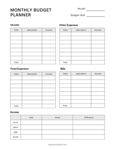 Monthly Budget Planner Sheet